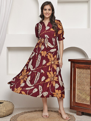 Claura Women A-line Maroon Midi/Calf Length Dress