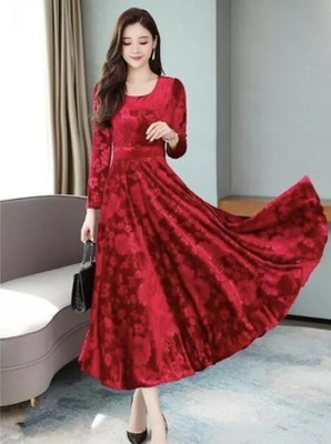 TRUE WESTIES Women A-line Red Maxi/Full Length Dress