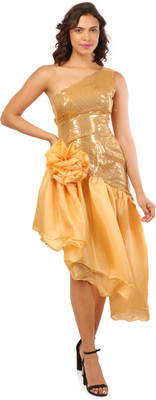 KIYOO Women Fit and Flare Gold, Yellow Midi/Calf Length Dress
