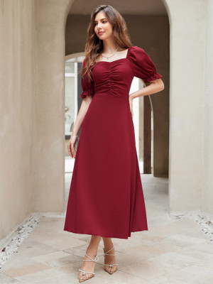 Sugathari Women A-line Maroon Midi/Calf Length Dress