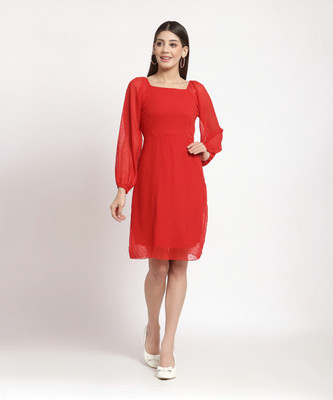 AAYU Women Skater Red Above Knee/Mid Thigh Length Dress