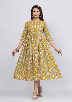 Sanganeri Kurti Women Gathered Yellow, White Midi/Calf Length Dress