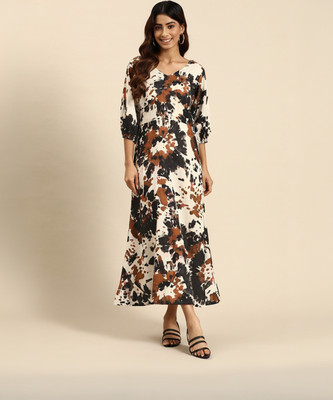 WoowZerZ Women A-line Beige, Black, Brown Midi/Calf Length Dress