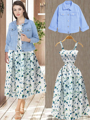 LEETOS Women Fit and Flare Light Blue, White, Blue Midi/Calf Length Dress