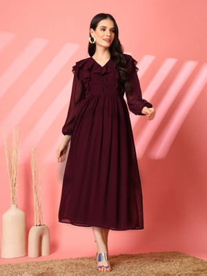 AAYU Women Fit and Flare Maroon Midi/Calf Length Dress