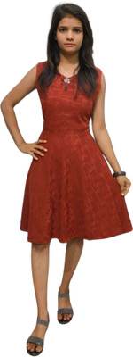 Freakyfashion Women Fit and Flare Brown Knee Length Dress