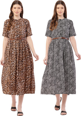 Mamnoon Women Fit and Flare Grey, Dark Blue Midi/Calf Length Dress