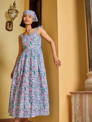 Pink Paprika By SASSAFRAS Women Fit and Flare Blue Midi/Calf Length Dress