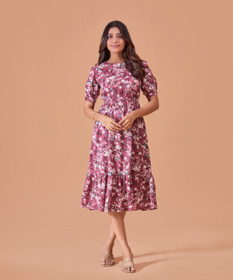FashFun Women Fit and Flare Pink Midi/Calf Length Dress