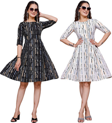 Gurudev Fashionn Women A-line Black, White Above Knee/Mid Thigh Length Dress