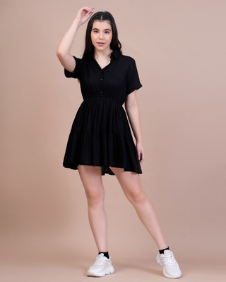 decoris Women Pleated Black Above Knee/Mid Thigh Length Dress