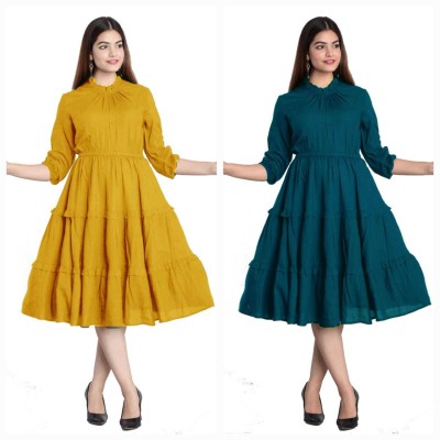 NG Fashion Women Fit and Flare Yellow, Green Dress