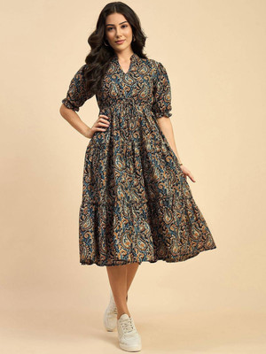 Presha Women Floral Print Flared Kurta(Blue)