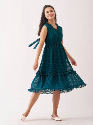 AASK Women Fit and Flare Light Blue Midi/Calf Length Dress