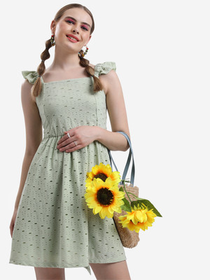 KETCH Women Ribbed Light Green Above Knee/Mid Thigh Length Dress