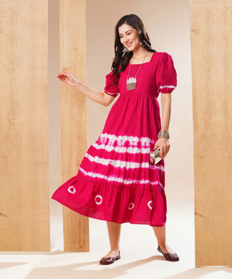 Globus Women Fit and Flare Pink, White Midi/Calf Length Dress