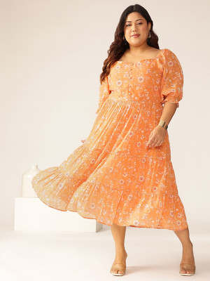 Janasya Women Tiered Orange Midi/Calf Length Dress