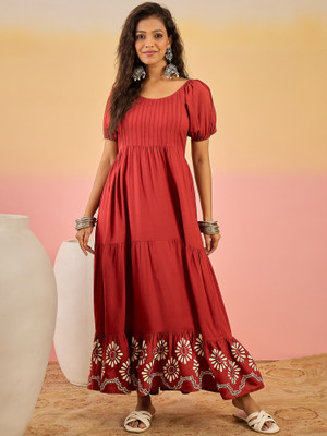 Sangria Women Fit and Flare Red Maxi/Full Length Dress