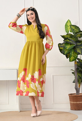 DECKEDUP Women Empire Waist Yellow Midi/Calf Length Dress