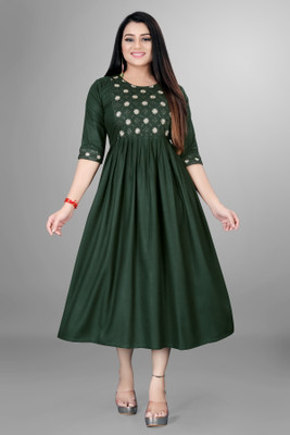 HOC's Women Fit and Flare Green Midi/Calf Length Dress