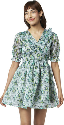 PEOPLE Women Fit and Flare Green Knee Length Dress