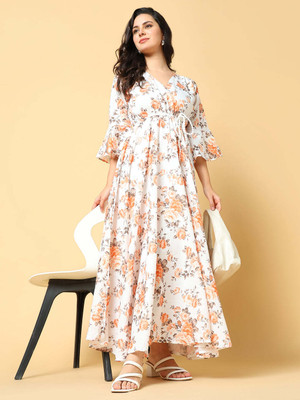 SHOWOFFFF Women Fit and Flare Orange Maxi/Full Length Dress