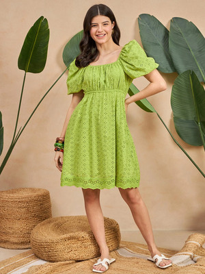 ZUMMER Women Fit and Flare Green Above Knee/Mid Thigh Length Dress