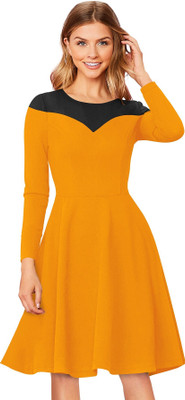 Dhruvil Impex Women Fit and Flare Black, Yellow Knee Length Dress