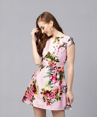 SASSAFRAS Women Skater Green, Pink, Black Above Knee/Mid Thigh Length Dress