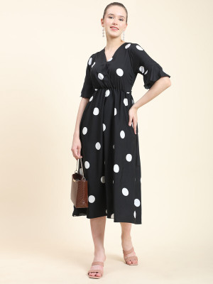 FOREVERMORE Women Fit and Flare Black, White Midi/Calf Length Dress
