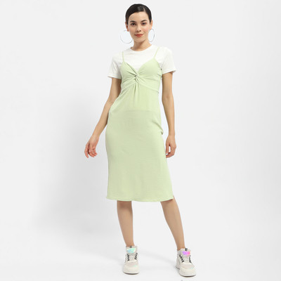 MADAME Women Fit and Flare Green Midi/Calf Length Dress