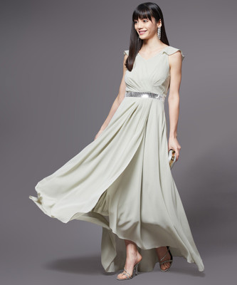 Miss Chase Women Fit and Flare Green Maxi/Full Length Dress