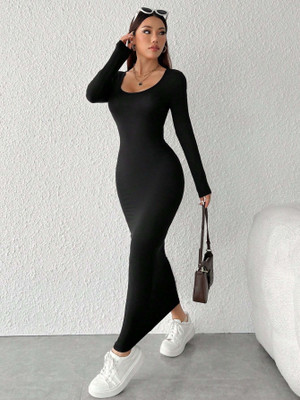 OUTZIDR Women Bodycon Black Ankle Length Dress