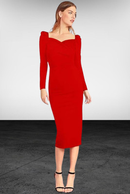 ladik way Women Bodycon Red Below Knee Dress