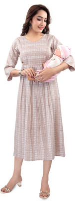 B2Fashion Women Fit and Flare Brown, White Midi/Calf Length Dress