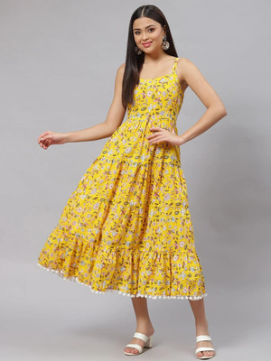 DIVENA Women Fit and Flare Yellow Midi/Calf Length Dress