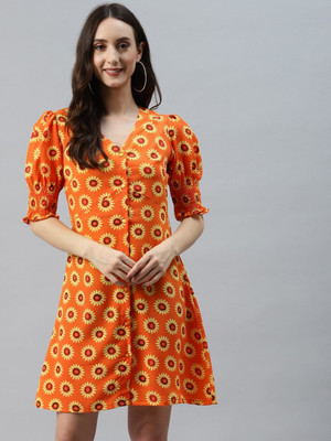 PLUSS Women A-line Orange Above Knee/Mid Thigh Length Dress