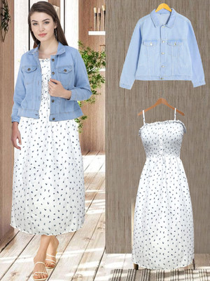 LEETOS Women A-line Light Blue, White Ankle Length Dress
