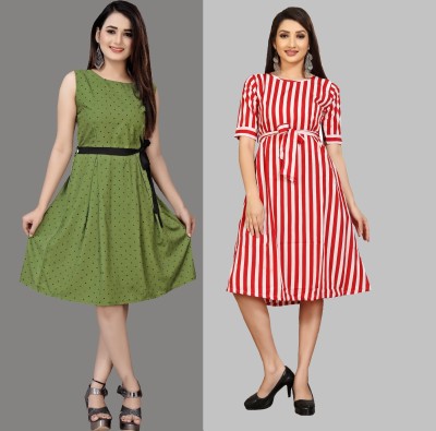 Modli 20 Fashion Women Fit and Flare Green, Red Dress