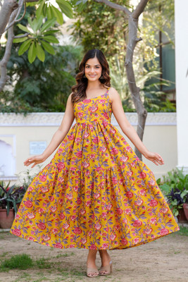 MANOJAVA Women Fit and Flare Yellow Maxi/Full Length Dress