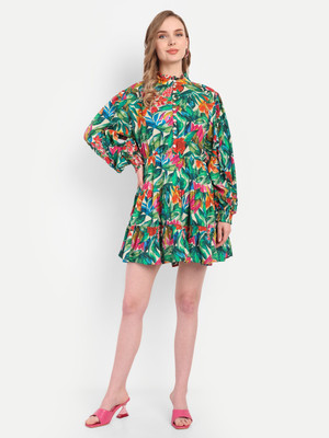 theulluu.com Women Fit and Flare Green Mini/Short Dress