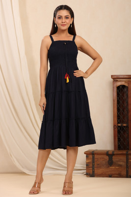 NG CREATION Women Fit and Flare Dark Blue Midi/Calf Length Dress