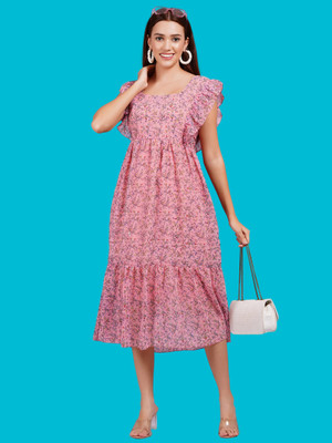 JC4U Women Fit and Flare Pink Midi/Calf Length Dress