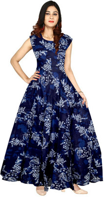 Parth Fashion Women Fit and Flare Blue, White Maxi/Full Length Dress