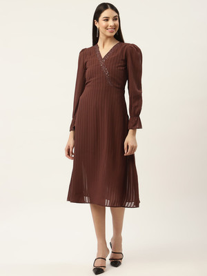 Moda Rapido Women Fit and Flare Brown Midi/Calf Length Dress