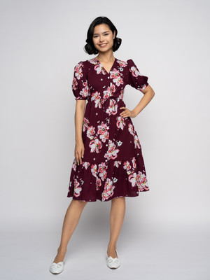 AASK Women Fit and Flare Maroon Midi/Calf Length Dress