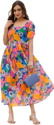 IsirNx Women Ethnic Dress Multicolor Ankle Length Dress