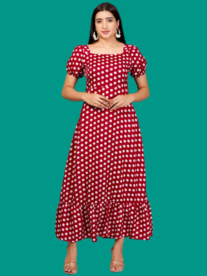 JC4U Women Gathered Red Maxi/Full Length Dress