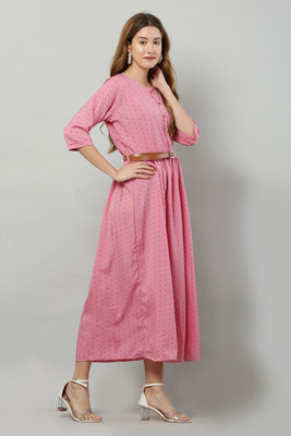 A R J FASHION Women Fit and Flare Pink Maxi/Full Length Dress