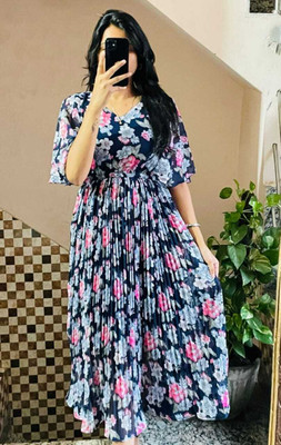 RKK COLLECTIONS Women Fit and Flare Blue Midi/Calf Length Dress